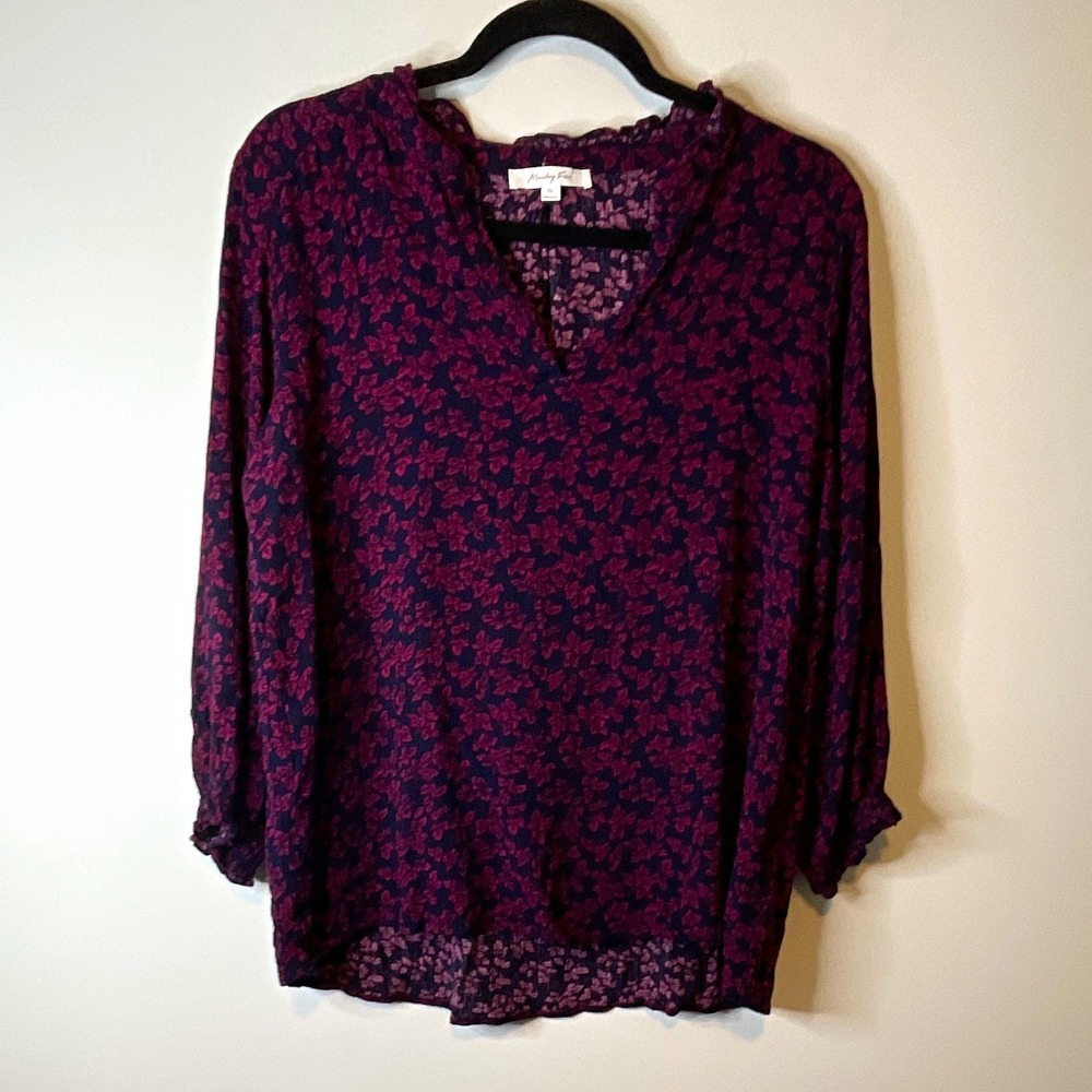 Monday Fun Blouse Women XL Navy Pink Floral Rayon V Neck Ruffle Boho